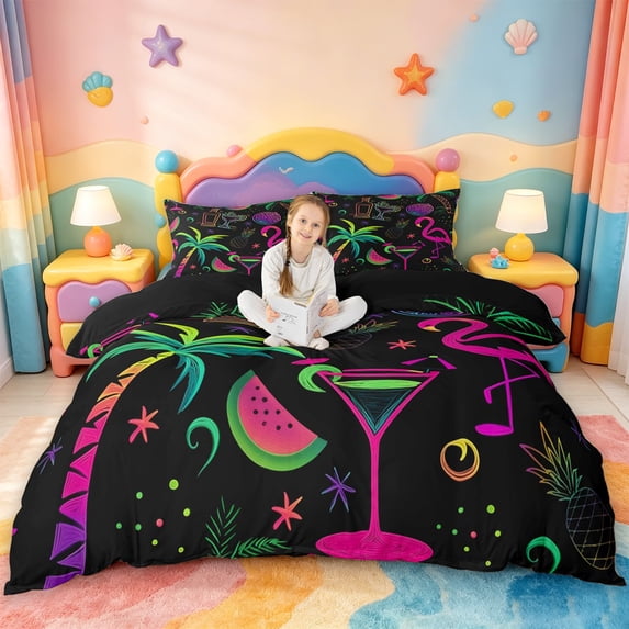 jejeloiu Neon Flamingo Party Bedding For Girls,Tropical Hawaii Holiday Duvet Cover Full,Black Multicolor,Black Reversible,3-Piece,1 Duvet Cover and 2 Pillowcases