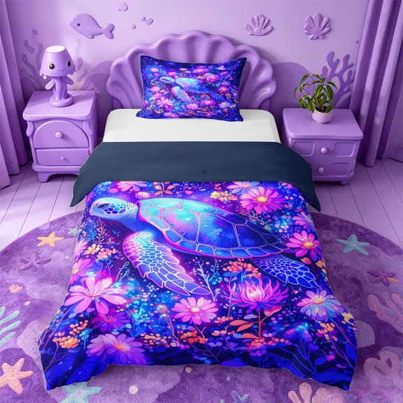 jejeloiu Neon Floral Sea Turtle Twin Duvet Cover For Girls,Underwater Garden Flowers Twin Bedding,Purple Pink,Navy Blue Reversible,2pcs,1 Duvet Cover and 1 Pillowcase