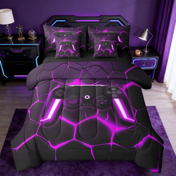 jejeloiu Neon Gamepad Twin Bedding Sets 7-Piece,Modern Video Game Bedding Comforter Set,Purple Green Honeycomb Sheet Sets For Boys Kids,Super Cozy Bedroom Decor Reversible