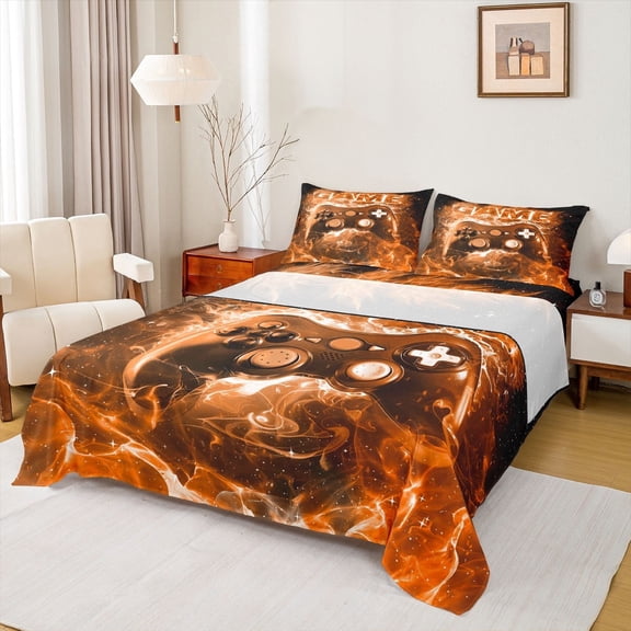 jejeloiu Neon Gamepad Twin Sheet Sets,Modern Game Console Twin Fitted Sheet,Blue Black Gaming Flat Sheet For Boys Kids,Super Cozy Bedroom Decor,3pcs