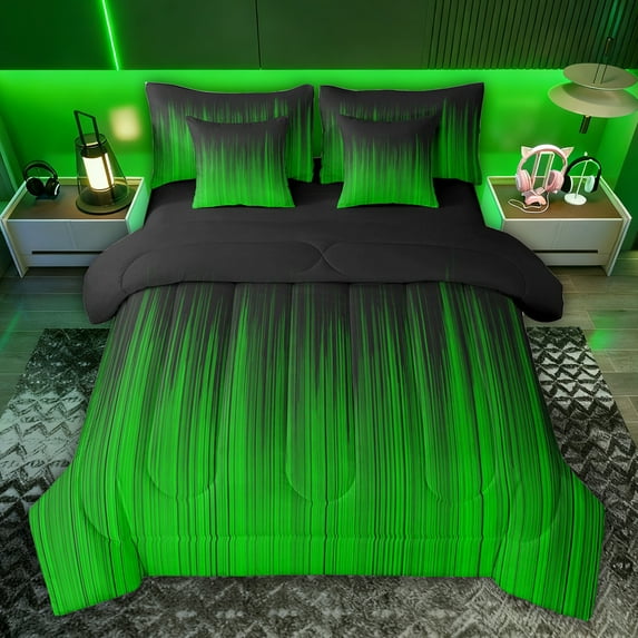 jejeloiu Neon Geometric Stripe 7-Piece Twin Bedding Sets,Green Lines Bedding Comforter Set For Adults Reversible