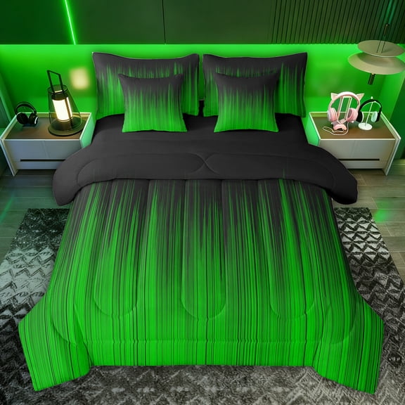 jejeloiu Neon Geometric Stripe 7pcs Bedding Comforter Set,Green Lines Queen Bedding Sets For Adults Reversible