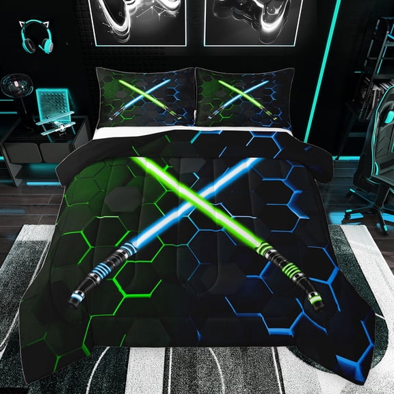 jejeloiu Neon Glowling Lightsaber Bedding Comforter Set,Abstract Geometric Honeycomb Twin Comforter Sets,Green Blue Hexagon Bedding Set For Kids,Luxury Bedroom Decor Reversible,2 Pieces