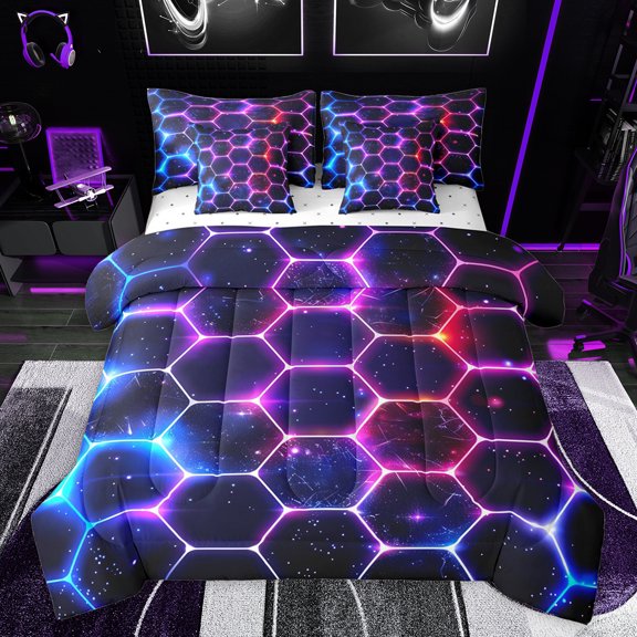 jejeloiu Neon Honeycomb Hexagon 7-Piece Bedding Comforter Set,Modern Geometric Abstract King Bedding Sets,Gradient Pink Blue Black Bed Sheets For Adults,Super Cozy Room Decor Reversible