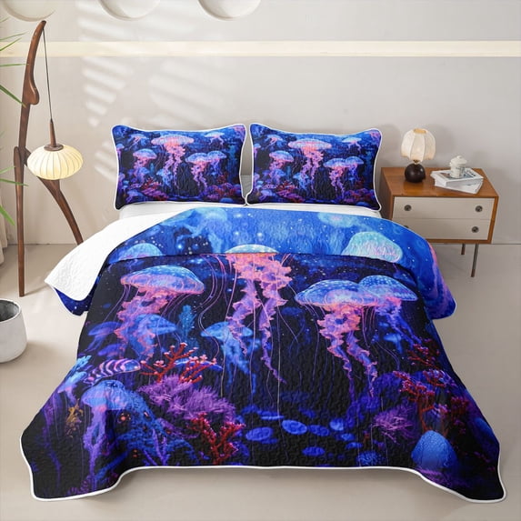 jejeloiu Neon Jellyfish Print Twin Quilt Set,Ocean Theme Twin Coverlet Set For Boys,Blue Purple,2 Pieces