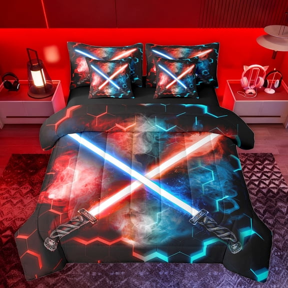 jejeloiu Neon Light Sword 7-Piece Twin Bedding Sets,Cartoon Gradient Light Gaming Bedding Comforter Set,3D Geometric Hexagon Sheet Sets For Kids,Luxury Bedroom Decor Reversible