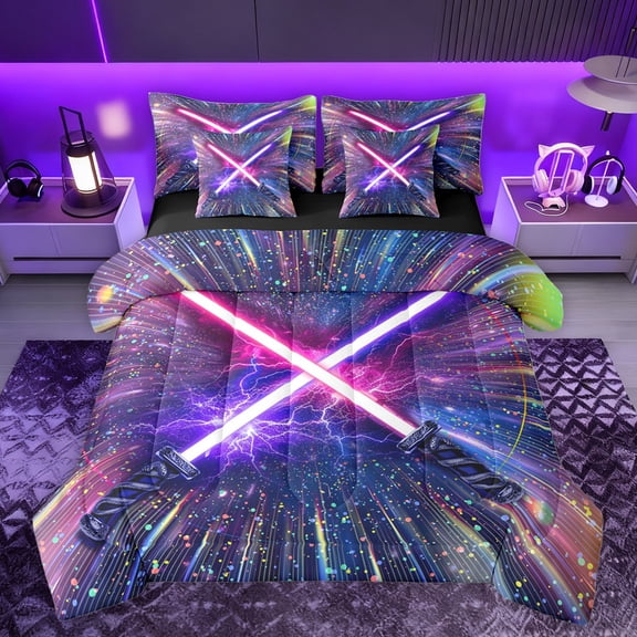 jejeloiu Neon Light Sword 7 Pieces Bedding Comforter Set,Cartoon Gradient Light Gaming Full Bedding Set,Colorful Neon Dots Fitted Sheet Flat Sheet For Kids,Luxury Bedroom Decor Reversible
