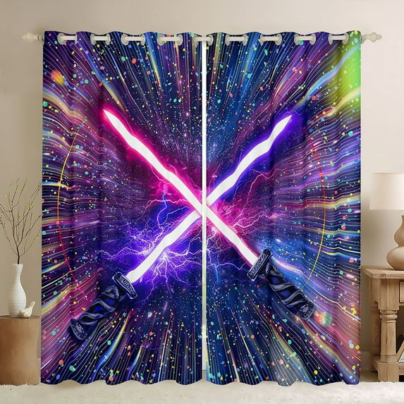 jejeloiu Neon Light Sword Blackout Curtains Set of 2 (52x84 Each),Cartoon Lightsaber Gaming Window Curtains,Colorful Neon Dots Curtains and Drapes For Kids,Luxury Bedroom Decor