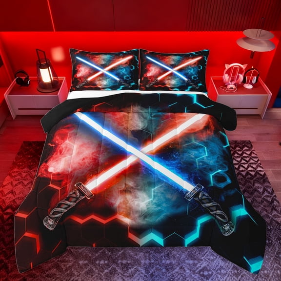 jejeloiu Neon Light Sword Queen Comforter Set,Cartoon Lightsaber Gaming Bedding Sets,3D Geometric Hexagon Bedding Comforter Set For Kids,Luxury Bedroom Decor Reversible,3-Piece