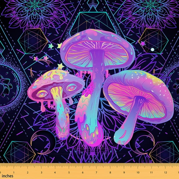 jejeloiu Neon Ombre Mushroom Fabric by the Yard 1 Yard, Dreamy Pink Plant Sewing Fabric, Bohemian Mandala Floral Room Decor Fabric by the Yard, Breathable Home Decor
