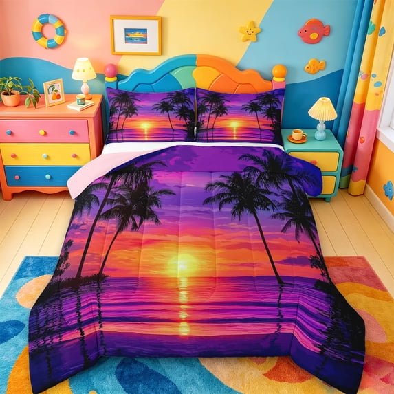 jejeloiu Neon Palm Sunset Full Size Comforter Sets For Girls,Beach Scene Print Bedding Comforter Set,Multicolor,Pink Reversible,3pcs,1 Comforter and 2 Pillowcases
