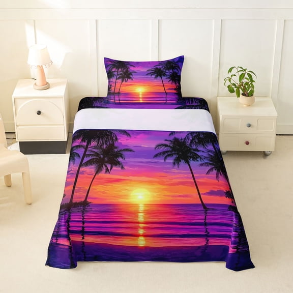 jejeloiu Neon Palm Sunset Twin Sheets For Girls,Beach Scene Print Bedding,Multicolor,3-Piece,1 Fitted Sheet and 1 Pillowcase