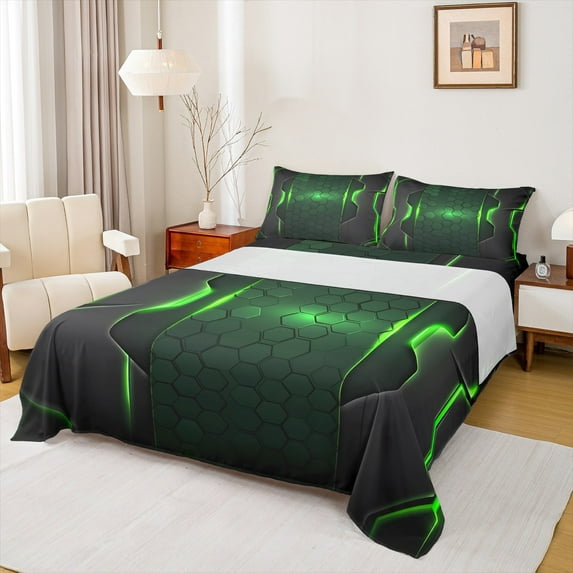 jejeloiu Neon Pgreen Black Bed Sheets,Abstract Geometric Hexagon King Sheets,Modern Honeycomb Desgin Sheet Set For Teens,Ultra Soft Home Decor,4pcs