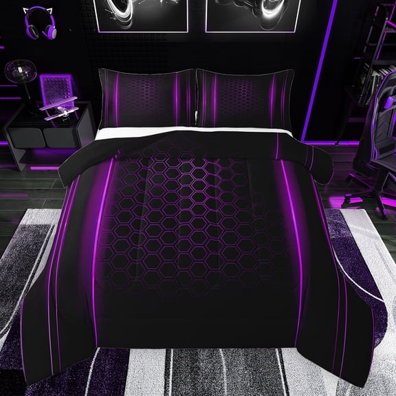 jejeloiu Neon Purple Black Bedding Comforter Set,Abstract Geometric Hexagon Twin Comforter Sets,Modern Honeycomb Pattern Bedding Set For Teens,Ultra Soft Home Decor Reversible,2-Piece