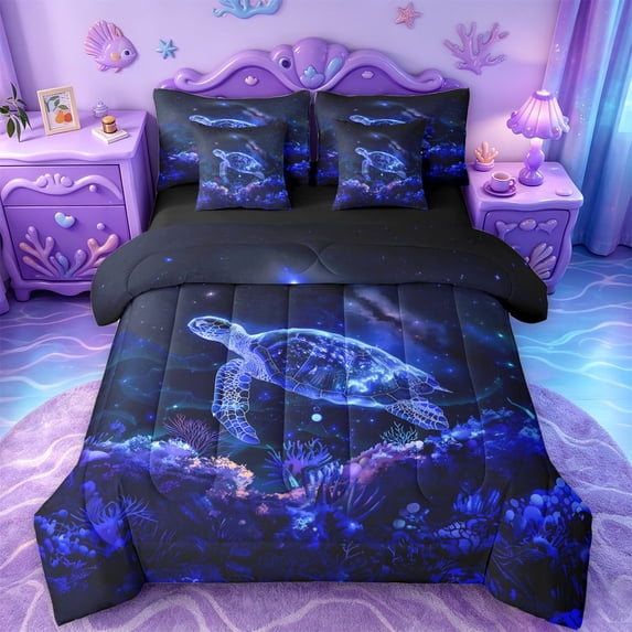 jejeloiu Neon Sea Turtle Print 7 Pieces Full Size Bedding Sets,Galaxy Coral Pattern Full Size Bed in a Bag For Boys,Blue Black,Black Reversible