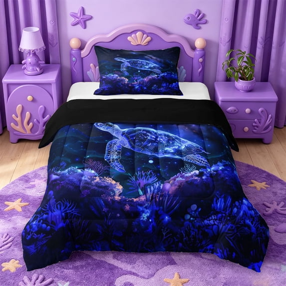 jejeloiu Neon Sea Turtle Print Twin Comforter Sets,Galaxy Coral Pattern Bedding Set For Boys,Blue Black,Black Reversible,2pcs,1 Comforter and 1 Pillowcase