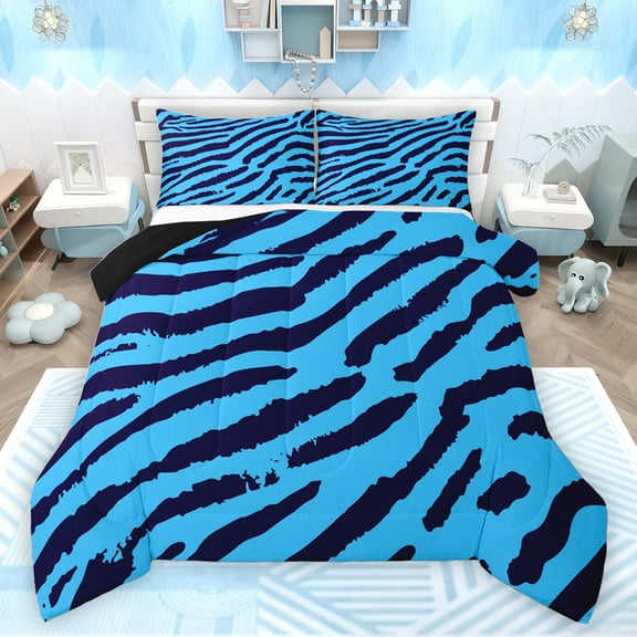 jejeloiu Neon Zebra Texture Bedding Comforter Set,Zebra Stripes Twin Comforter Sets,Blue Black Bedding Set For Ggirls Kids,Luxury Bedroom Decor Reversible,2-Piece