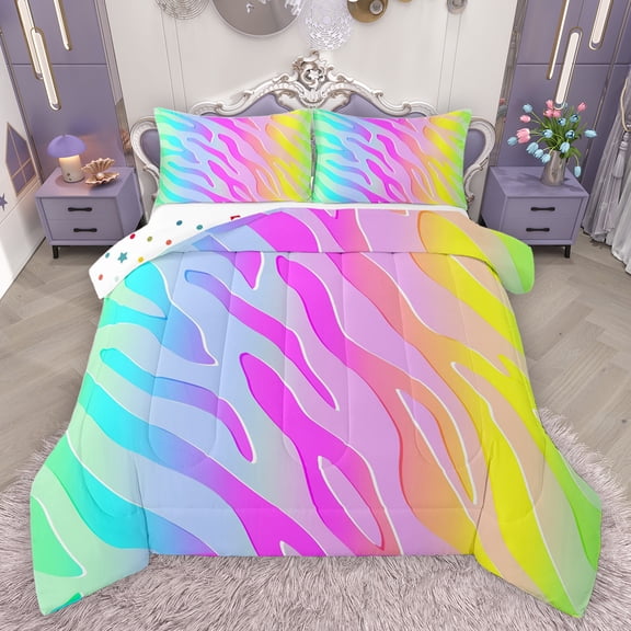 jejeloiu Neon Zebra Texture Queen Comforter Set,Zebra Stripes Bedding Sets,Colorful Ombre Effects Bedding Comforter Set For Ggirls Kids,Luxury Bedroom Decor Reversible,3-Piece