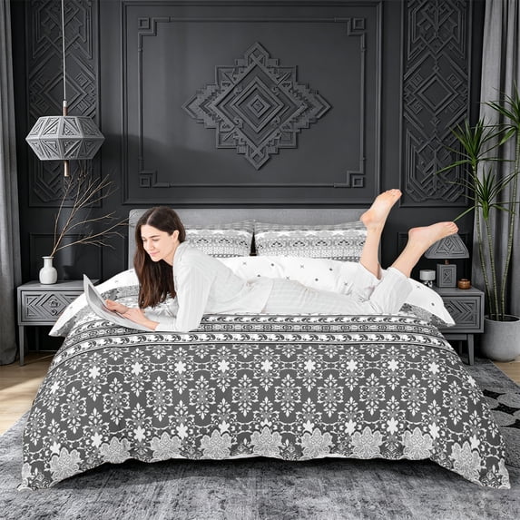 jejeloiu Neutral Border Duvet Cover King For Men Women,Classic Print King Bedding,Gray White,Reversible,3 Pieces,1 Duvet Cover and 2 Pillowcases