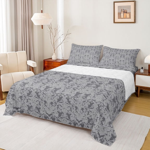 jejeloiu Neutral Damask Queen Sheets,Simple Print Queen Sheet Sets For Adults,Gray White,4-Piece,1 Flat Sheet, 1 Fitted Sheet and 2 Pillowcases