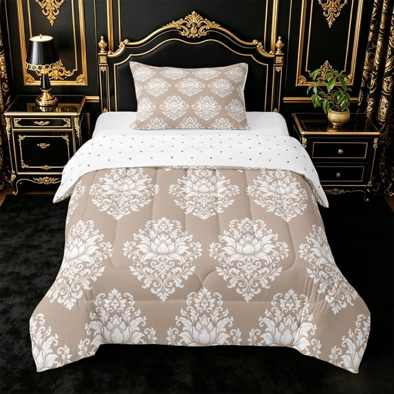jejeloiu Neutral Damask Twin Comforter Sets For Girls,Subtle Floral Bedding Set,Taupe White,Reversible,2pcs,1 Comforter and 1 Pillowcase