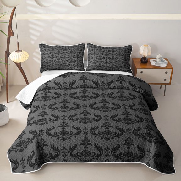 jejeloiu Neutral Damask Twin Quilt Set,Sleek Floral Twin Coverlet Set For Adults,Grey Black,2pcs