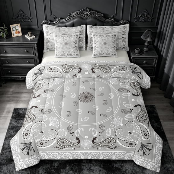 jejeloiu Neutral Paisley 7pcs Queen Bedding For Men Women,Floral Pattern Bedding Comforter Set Queen,Grey White,Light Gray Reversible