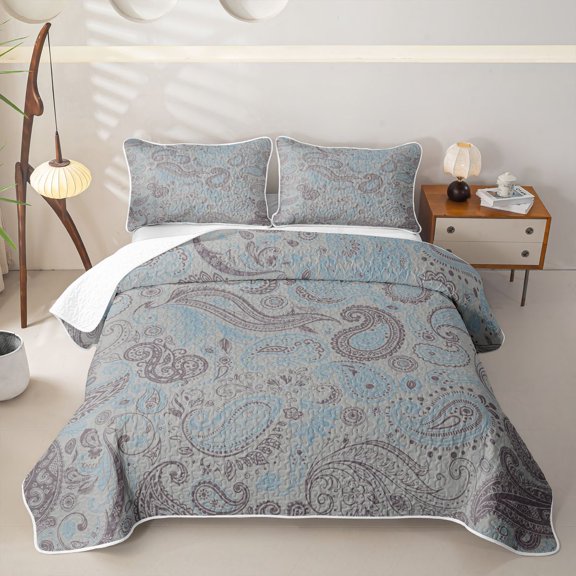 jejeloiu Neutral Paisley Twin Quilt Set,Classic Pattern Twin Coverlet Set For Adults,Grey Blue,2 Pieces