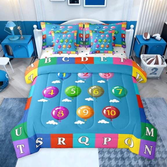 jejeloiu Number Alphabet Theme 7-Piece Twin Bedding Sets,Colorful Balloon Plaid Bedding Comforter Set For Kids Reversible
