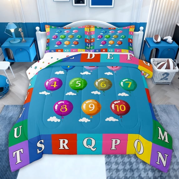 jejeloiu Number Alphabet Theme Full Size Comforter Sets,Colorful Balloon Plaid Bedding Sets For Kids Reversible 3 Pieces