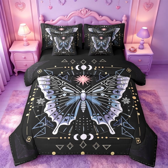 jejeloiu Occult Moth 7 Pieces Full Size Bedding Sets For Girls,Astrology Pattern Full Size Bed in a Bag,Black Purple Blue,Black Reversible