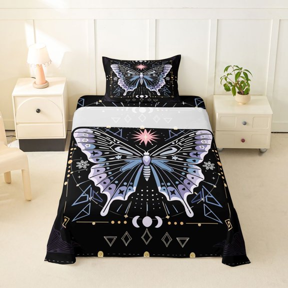 jejeloiu Occult Moth Twin Sheets For Girls,Astrology Pattern Bedding,Black Purple Blue,3-Piece,1 Fitted Sheet and 1 Pillowcase
