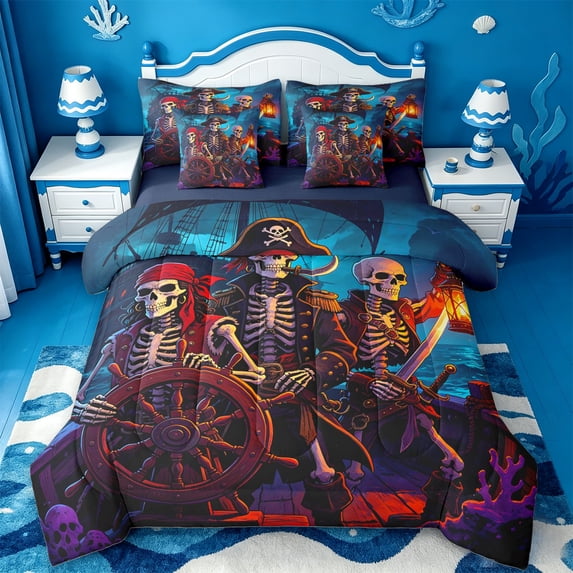 jejeloiu Ocean Adventure Art 7-Piece Twin Bedding Sets Kids,Spooky Skeleton Print Bedding Comforter Set For Boys,Reversible