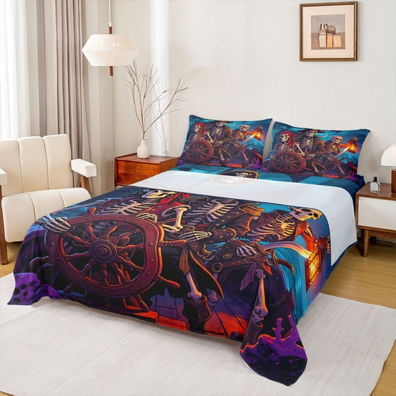 jejeloiu Ocean Adventure Art Full Size Sheets Kids,Spooky Skeleton Print Bed Sheets For Boys,4 Pieces