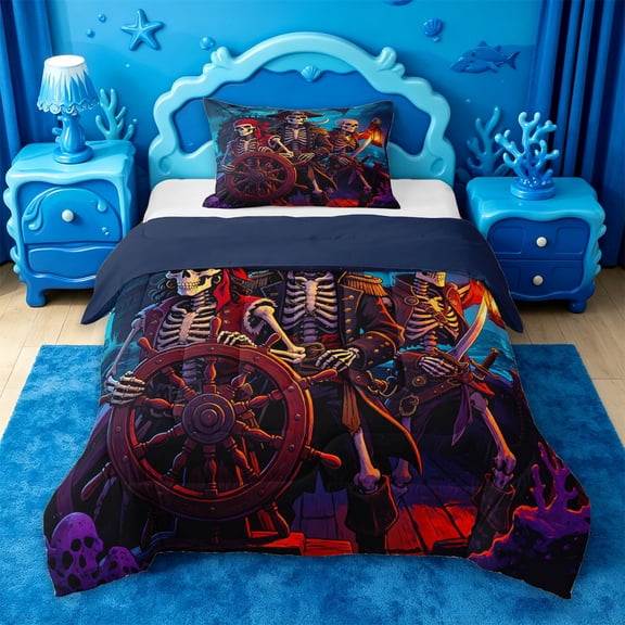 jejeloiu Ocean Adventure Art Twin Comforter Sets Kids,Spooky Skeleton Print Bedding Set For Boys,Reversible,2-Piece