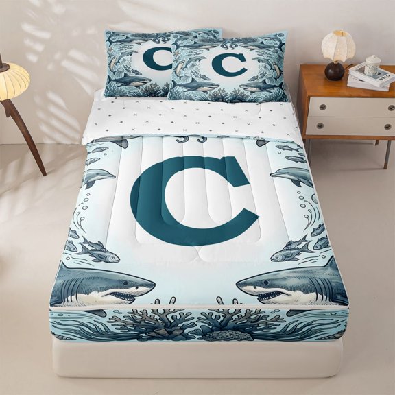 jejeloiu Ocean Animal Alphabet Zipper Twin Comforter Sets with Fitted Sheet and 2 Pillowcases For Boys,Vintage Blue Initial Letter C Zipper Bedding Set,Reversible,4-Piece