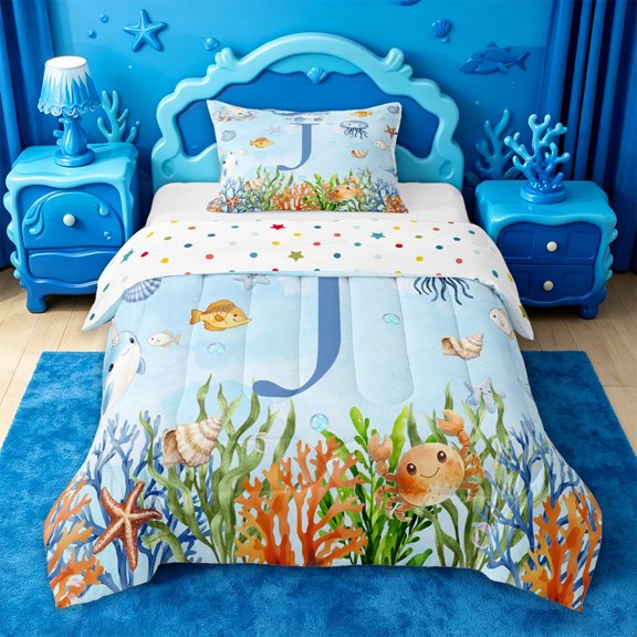 jejeloiu Ocean Animal Monogram J Twin Comforter Sets For Kids,Underwater Sealife Initial Bedding Set,Reversible,2-Piece