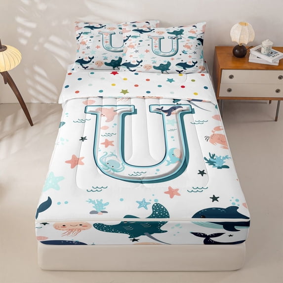 jejeloiu Ocean Animal Monogram U Zipper Full Size Comforter Sets with Fitted Sheet and 2 Pillowcases For Kids,Sea Life Whale Zipper Bedding Set For Boys,Reversible,4-Piece