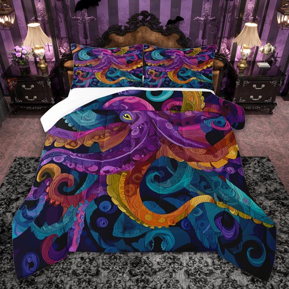 jejeloiu Ocean Animals Octopus Queen Comforter Set,Boho Exotic Style Bedding Comforter Set For Men Women 3 Pieces