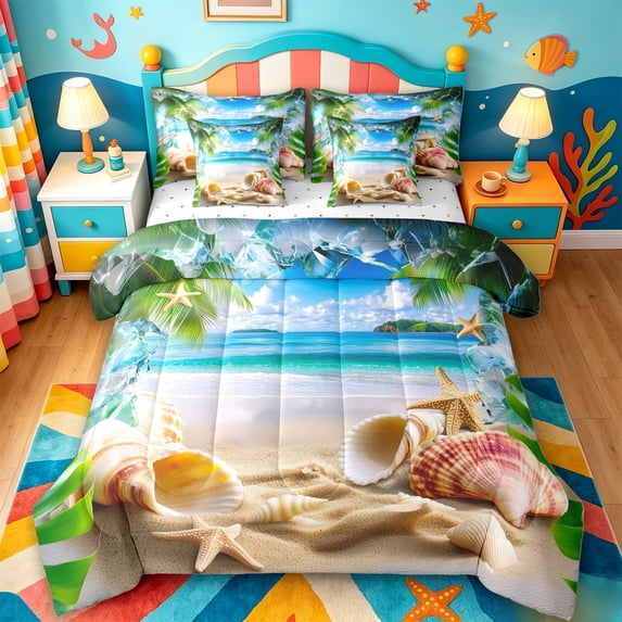 jejeloiu Ocean Beach Shells 7-Piece Twin Bedding,Cute Starfish Print Bedding Comforter Set For Boys,Beige Blue,Reversible