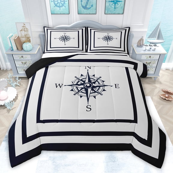 jejeloiu Ocean Compass Twin Comforter Sets,Blue White Bedding Set For Kids Reversible 2pcs