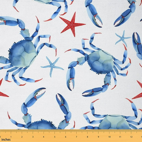 jejeloiu Ocean Crab Starfish Fabric by the Yard 1 Yard,Sea Aniaml Home Decor Fabric by the Yard,Blue Red White Sewing Fabric For Boys Kids,Microfiber Bedroom Decor