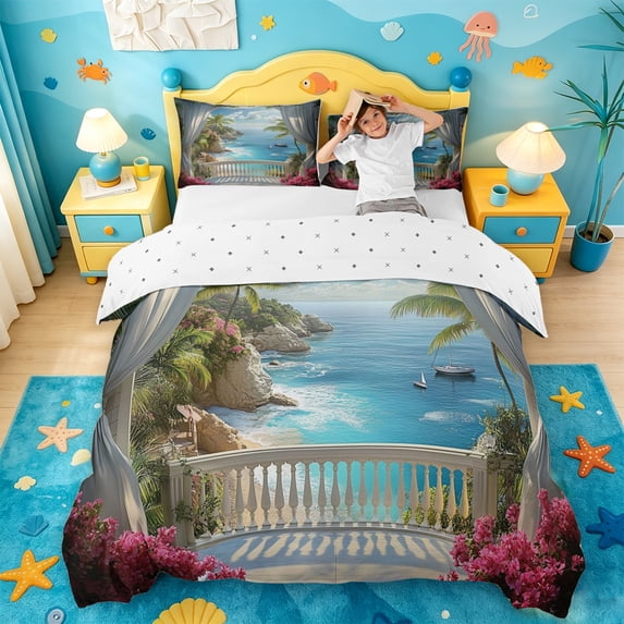 jejeloiu Ocean Hawaii Holiday Bedding,Tropical Flower Duvet Cover Full For Boys,Multicolor,Reversible,3 Pieces,1 Duvet Cover and 2 Pillowcases