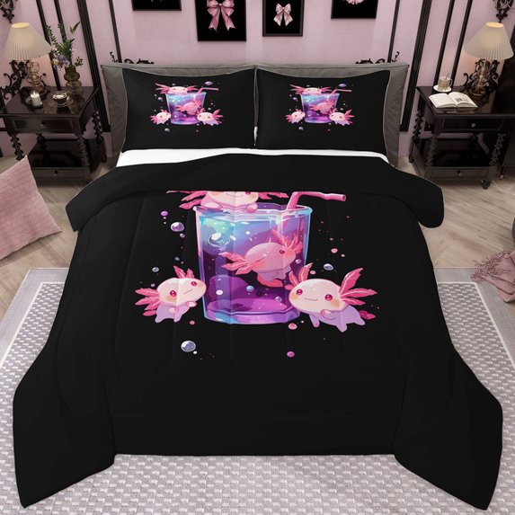 jejeloiu Ocean Life Axolotl Twin Comforter Sets,Black Pink Bedding Set For Sealife Lover Reversible 2 Pieces