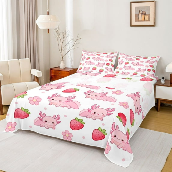 jejeloiu Ocean Life Axolotl Twin Sheet Sets,Cute Strawberry Floral Bedding For Sealife Lover 3pcs