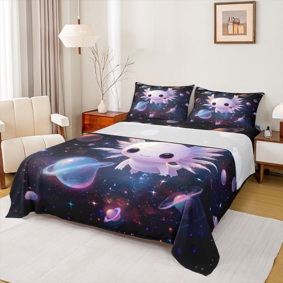 jejeloiu Ocean Life Axolotl Twin Sheet Sets,Galaxy Starry Night Bedding For Sealife Lover 3pcs