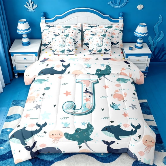 jejeloiu Ocean Life Monogram J 7 Pieces Bedding Comforter Set For Kids,Sea Starfish Whale Animals Full Bedding Set,Reversible
