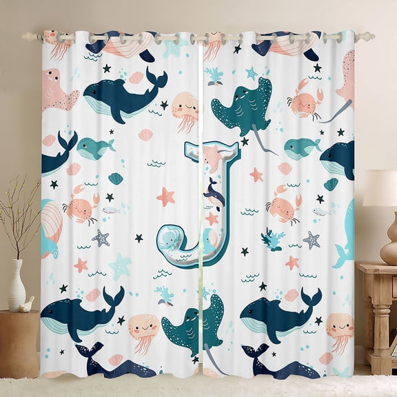 jejeloiu Ocean Life Monogram J Black Out Curtains For Kids,Sea Starfish Whale Animals Curtains Pack of 2 (42x63 Each)