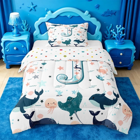 jejeloiu Ocean Life Monogram J Twin Comforter Sets For Kids,Sea Starfish Whale Animals Bedding Set,Reversible,2pcs