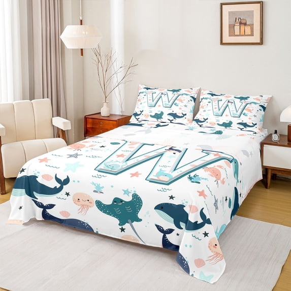 jejeloiu Ocean Life Monogram W Queen Sheet Sets For Kids,Underwater Octopus Letter Design Bed Set For Boy,4pcs